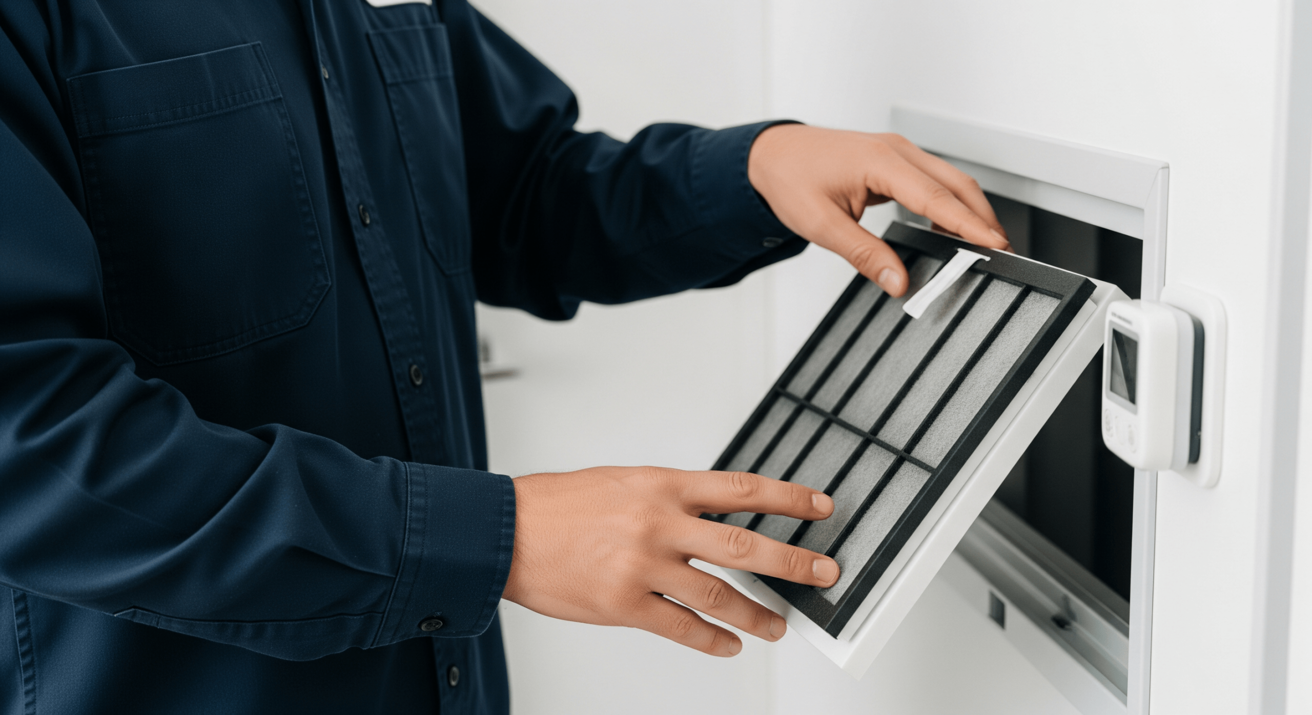 Technician removing and replacing an HVAC air filter from a wall-mounted vent.