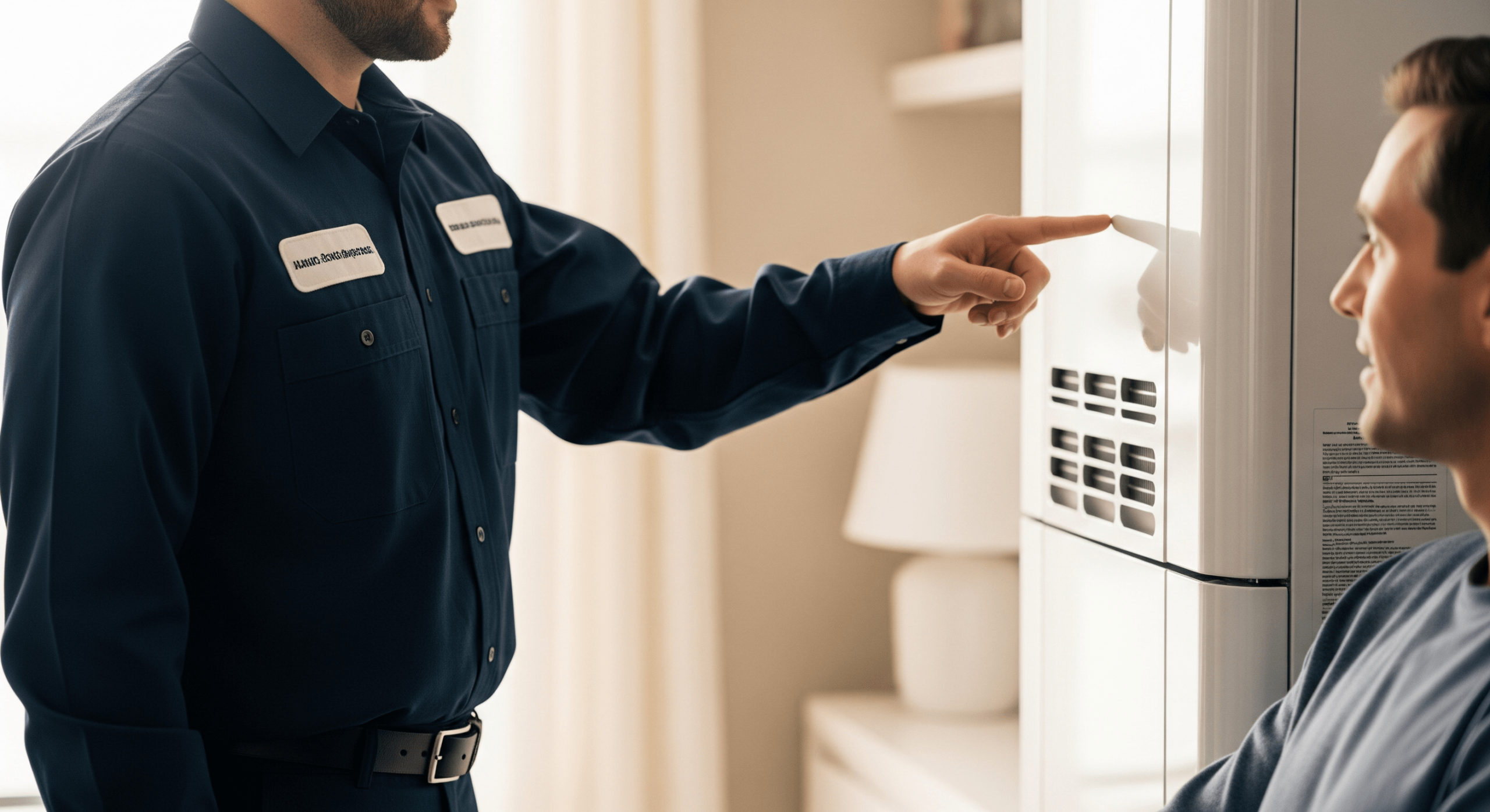 HVAC technician explaining system controls to a homeowner while pointing at the unit panel.