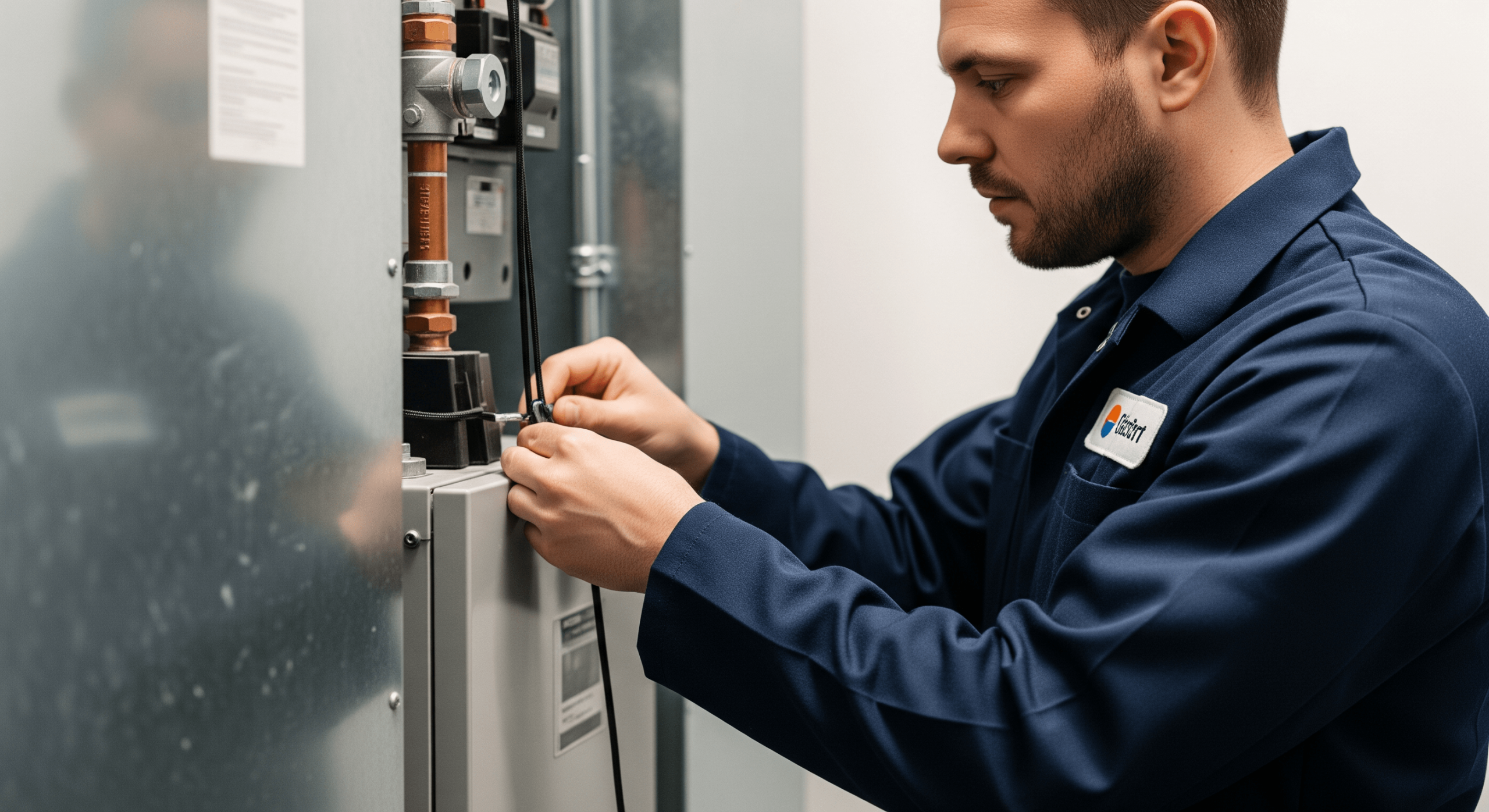HVAC technician adjusting wiring components inside a heating unit.