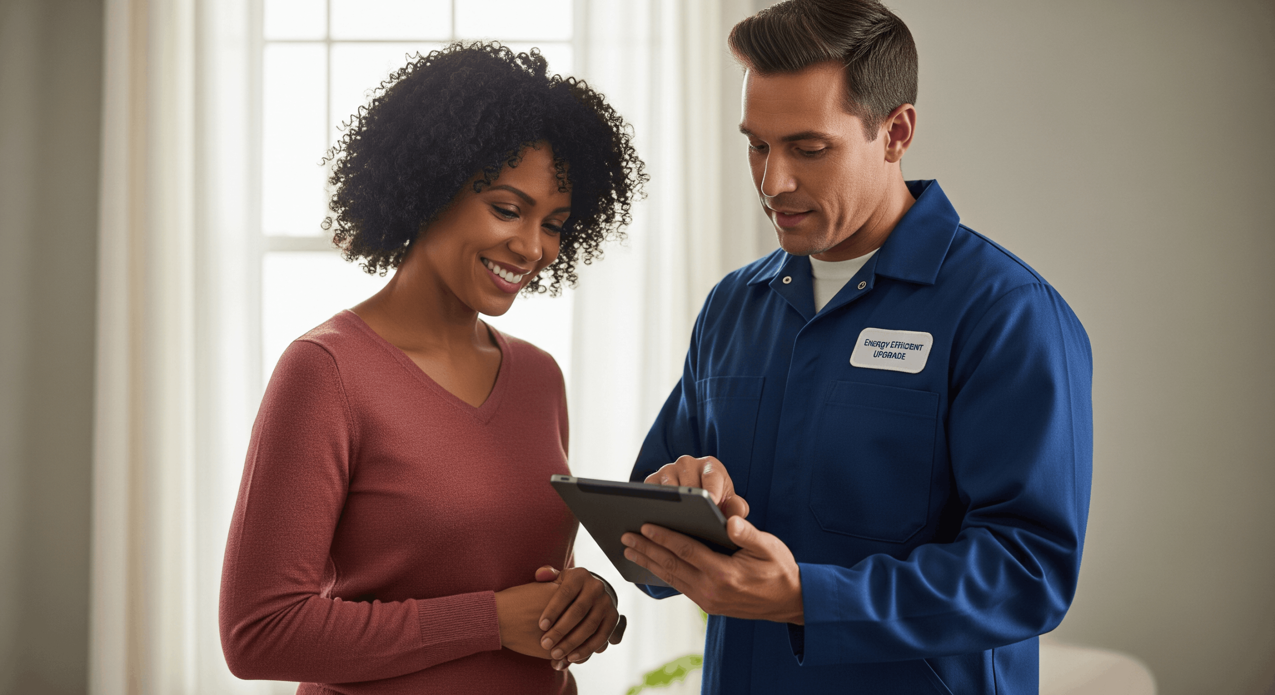 Technician servicing a home heating system with homeowners observing