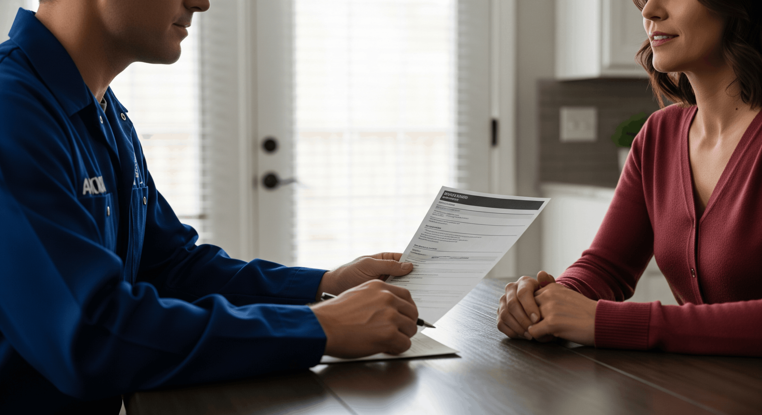 Technician inspecting a Carrier AC unit with homeowners nearby