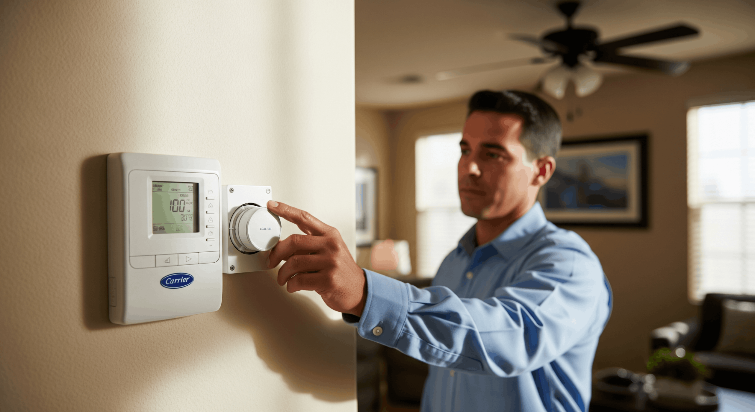 Technician adjusting thermostat and temperature sensor inside a home