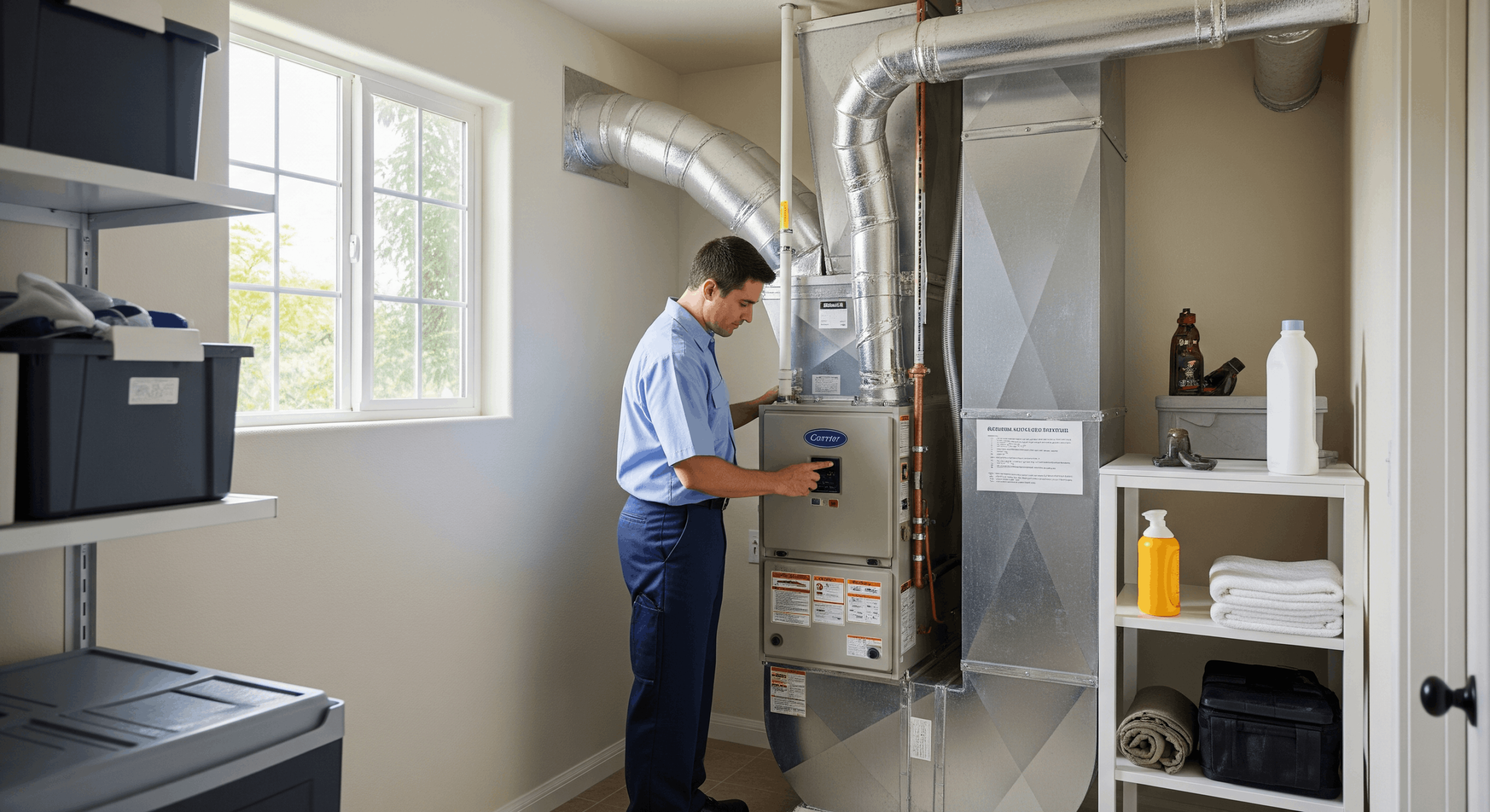 HVAC technician inspecting outdoor heating system showing signs of malfunction