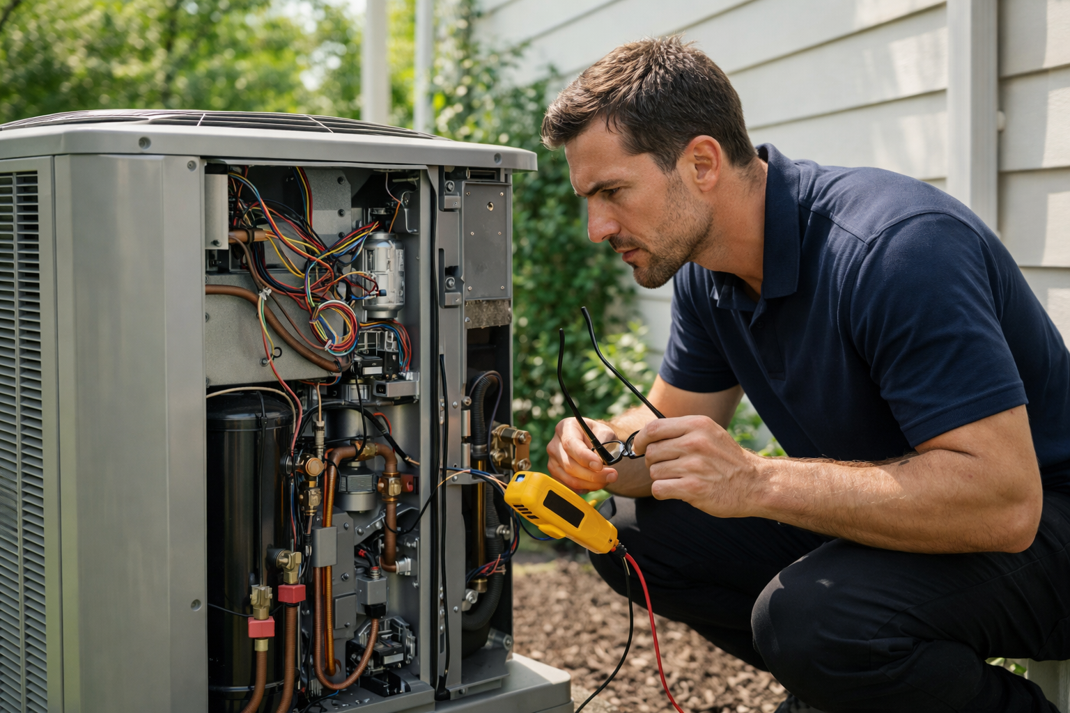 Technician diagnosing AC unit for emergency AC repair Corona CA