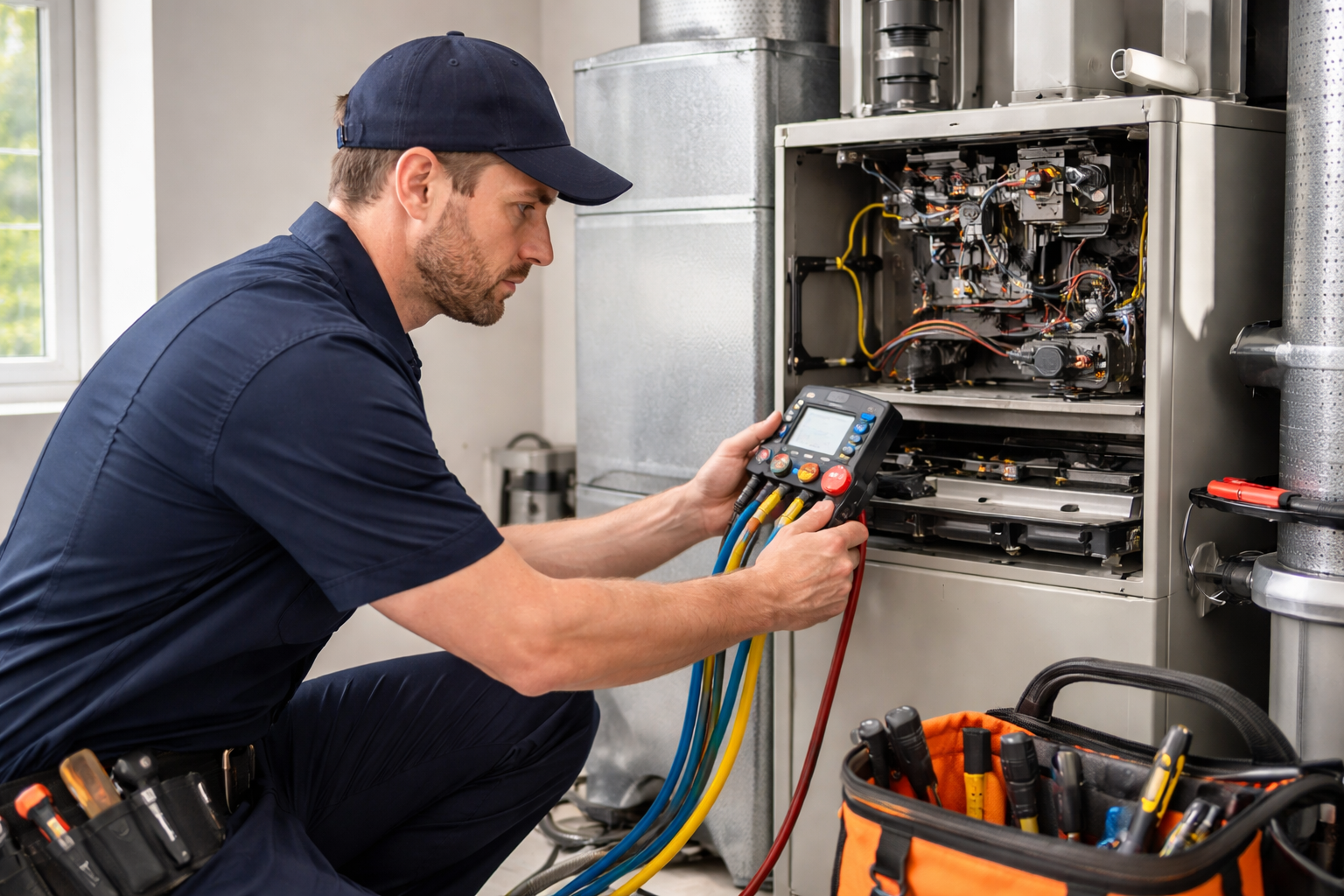 Technician performing HVAC service include system inspection and testing