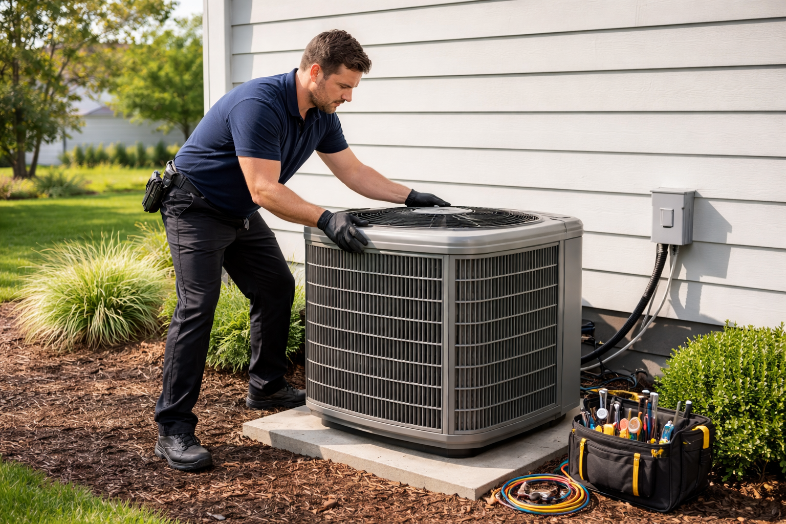 HVAC technician installing AC unit showing labor cost to install AC unit