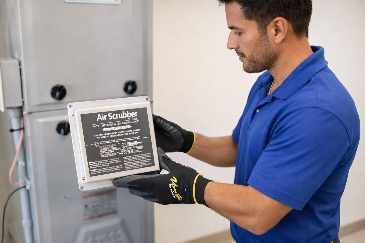 hvac air scrubber technician installing air purification unit