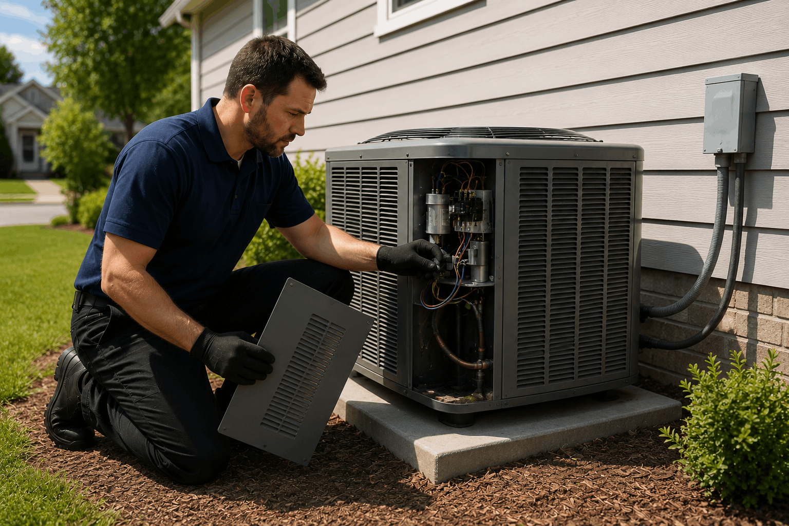 Technician inspecting outdoor unit for AC making buzzing noise