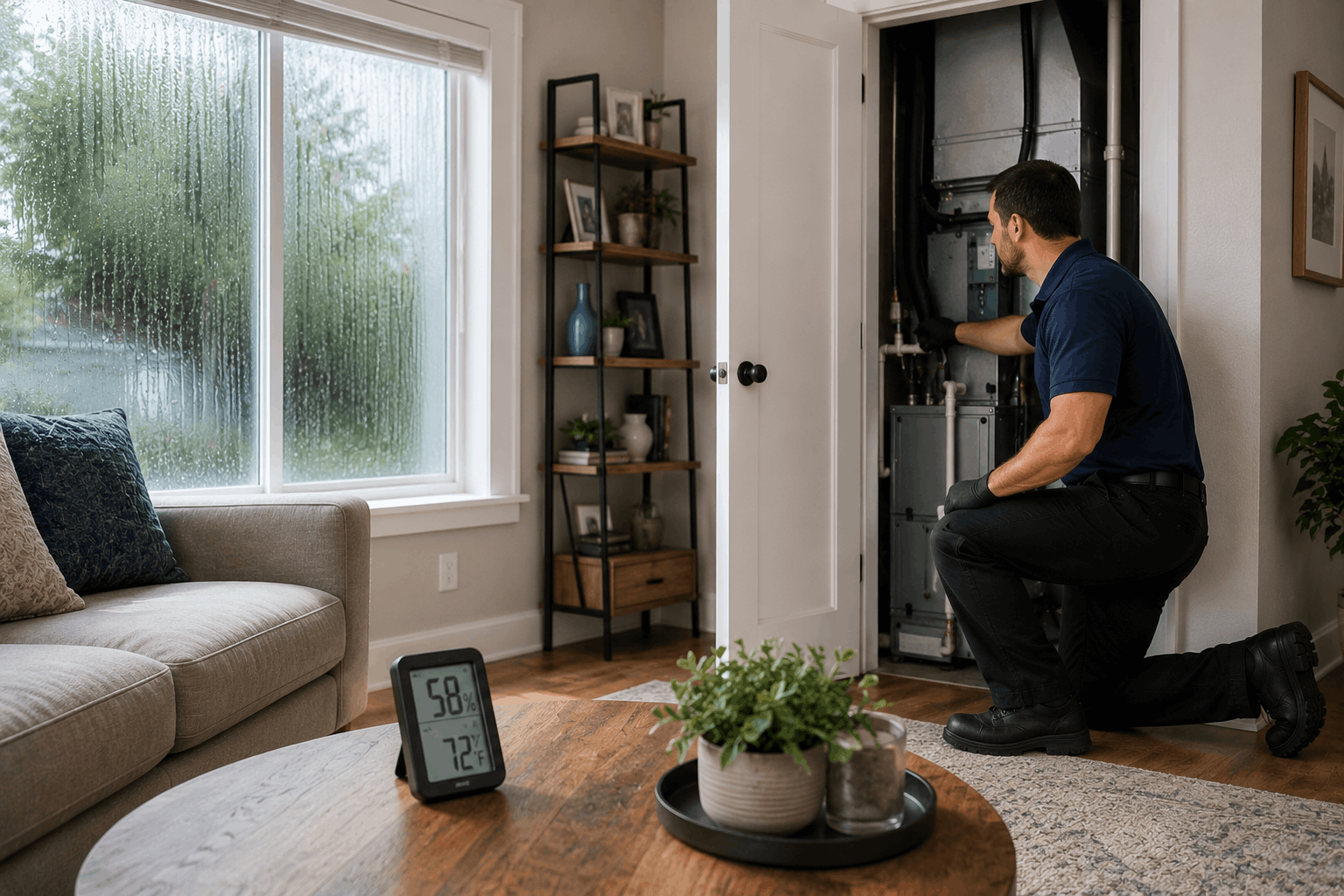 HVAC technician diagnosing humidity issues when house feels humid with AC on