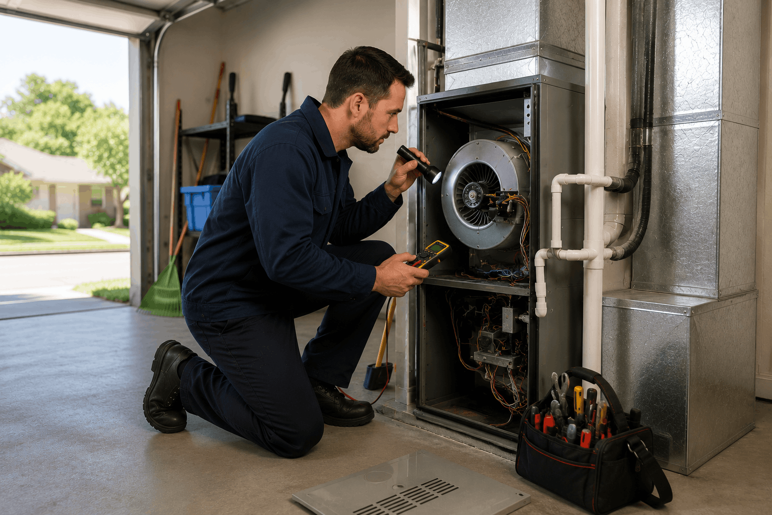 Technician inspecting furnace blower components.
