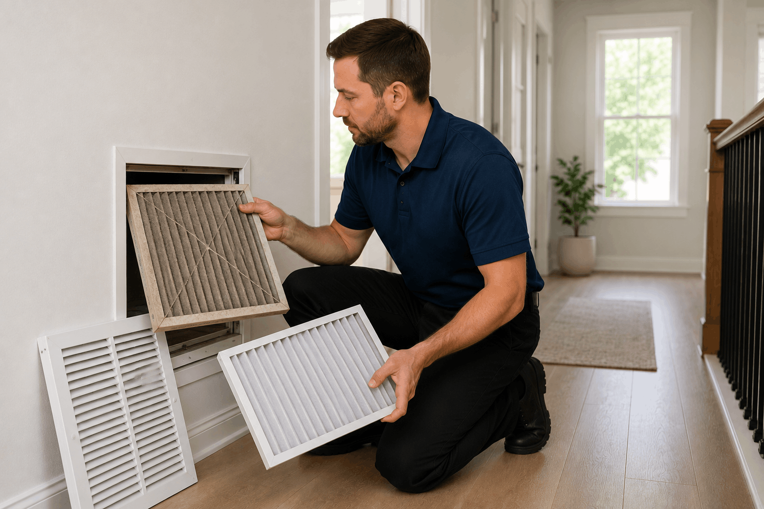Technician replacing dirty HVAC air filter.