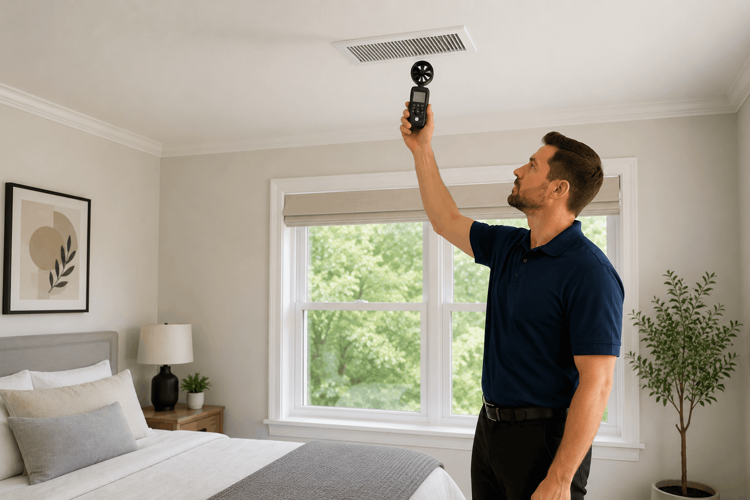 Technician checking indoor airflow and ventilation.