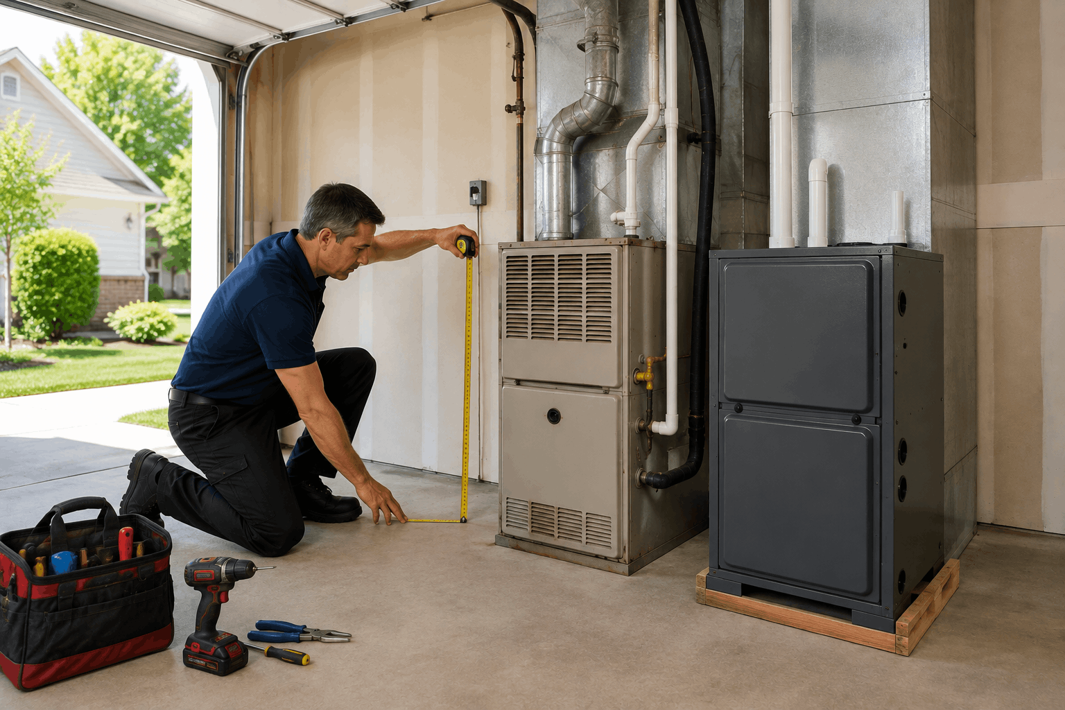 Measuring space for a new furnace replacement installation.