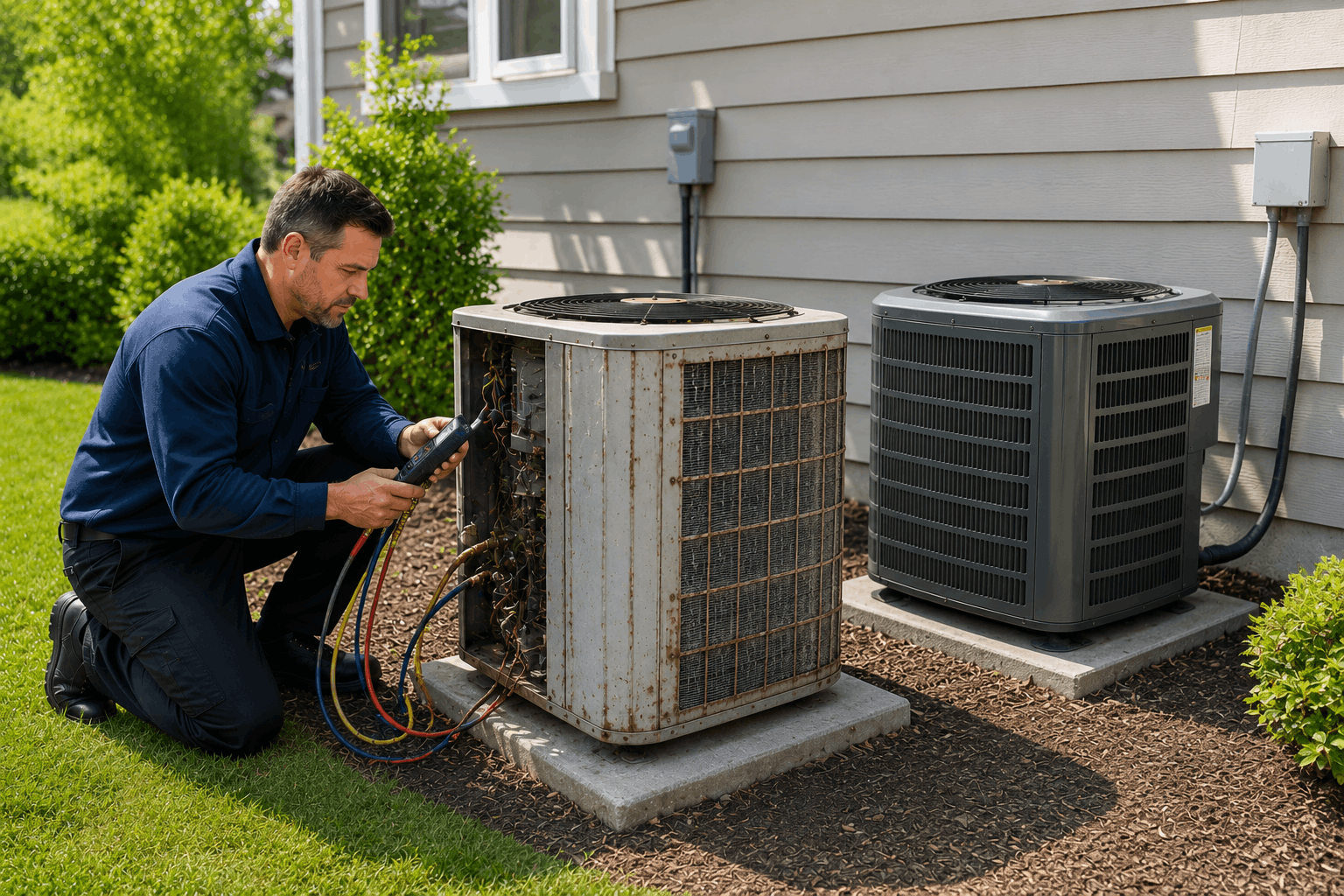 Comparing an old heat pump with a new replacement unit.