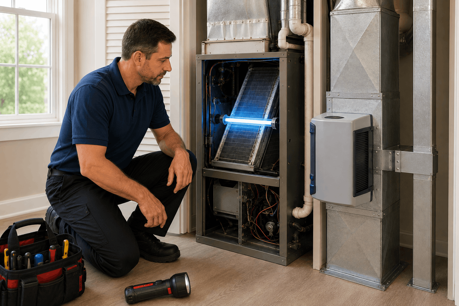 UV air purifier installed inside a residential HVAC system.