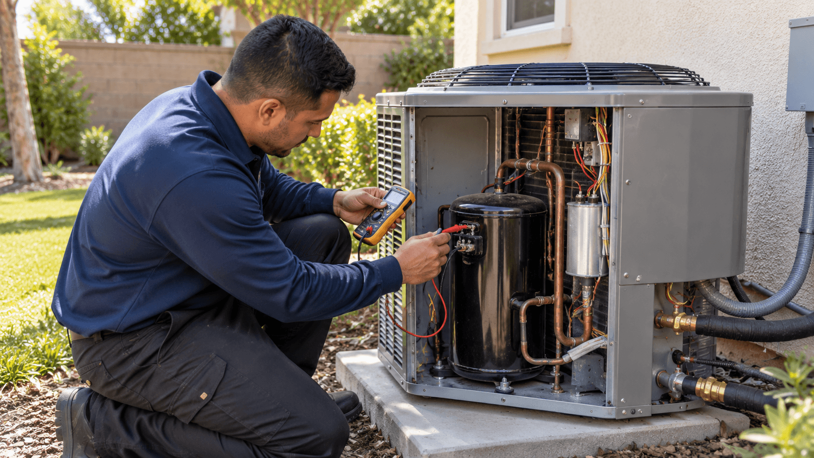 HVAC technician testing an outdoor AC compressor