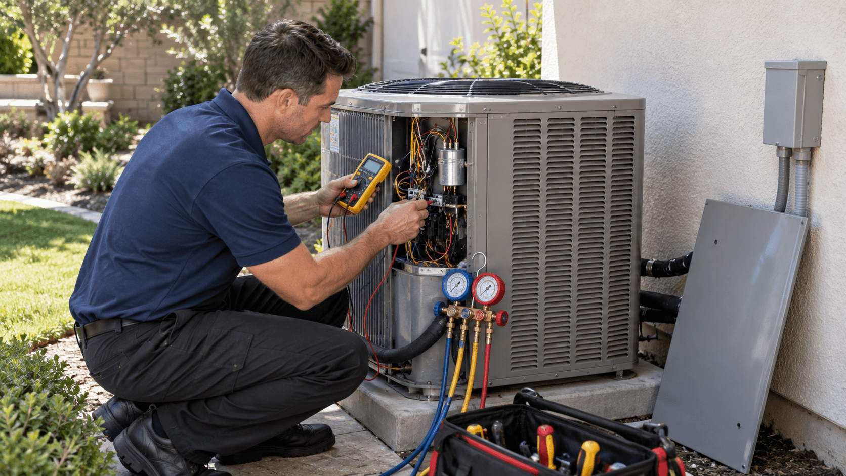 HVAC technician testing an outdoor AC unit with refrigerant gauges