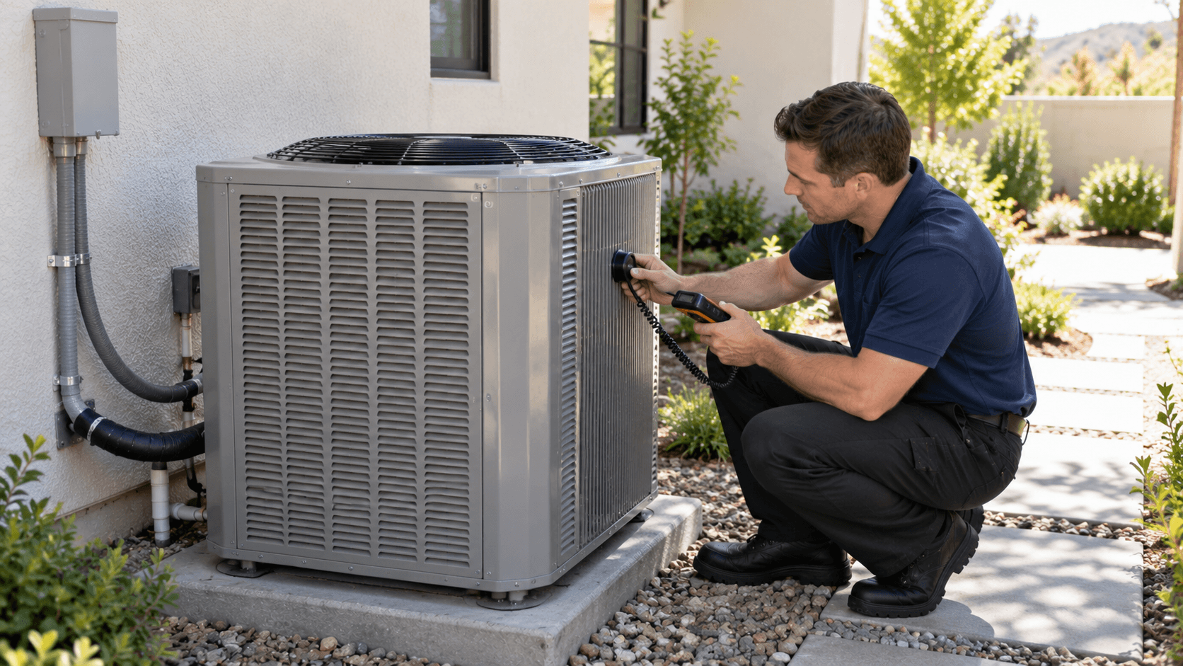 HVAC technician testing airflow on an outdoor AC unit